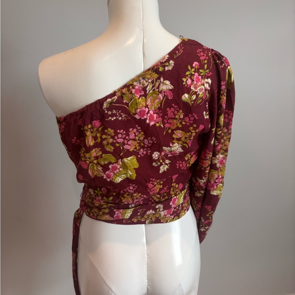 RACHEL Rachel Roy Burgundy Floral One-Shoulder Blouse - Picture 4 of 6